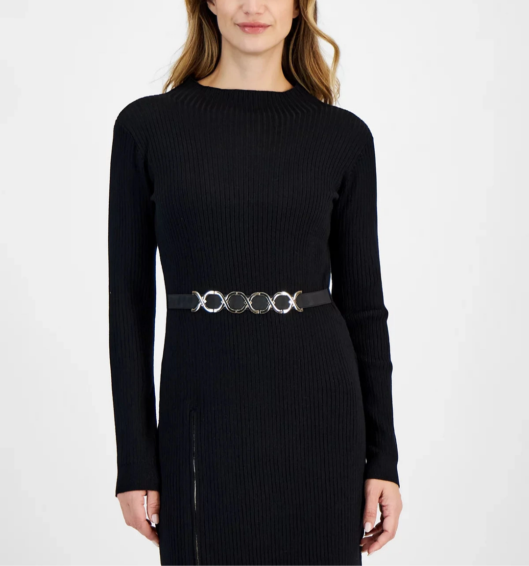 Robbie Bee Ribbed Belted Side-Slit Sweater Dress