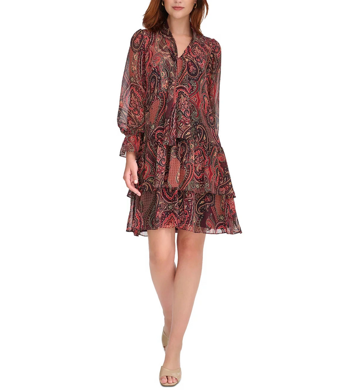 Tommy Hilfiger Paisley Tie-Neck Tiered Dress