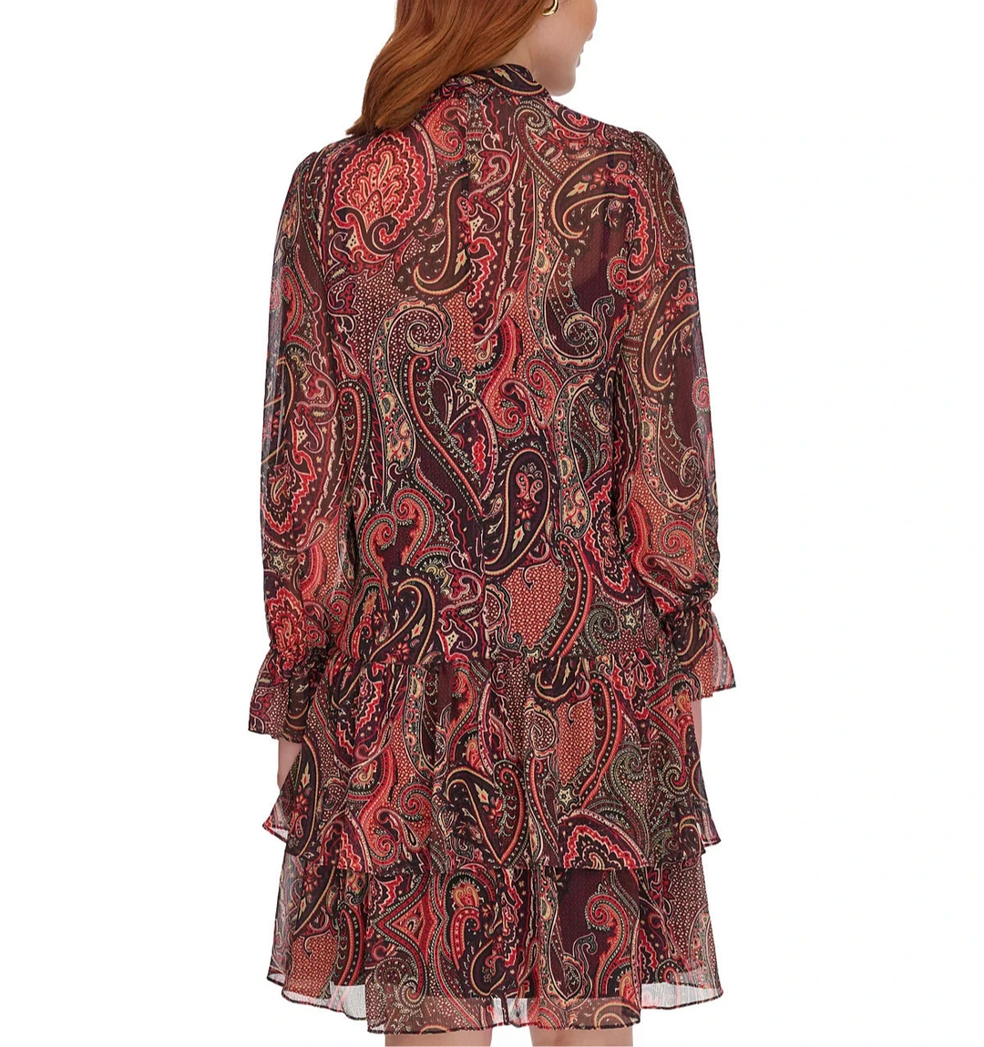 Tommy Hilfiger Paisley Tie-Neck Tiered Dress