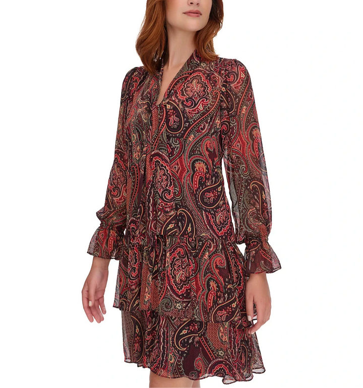 Tommy Hilfiger Paisley Tie-Neck Tiered Dress