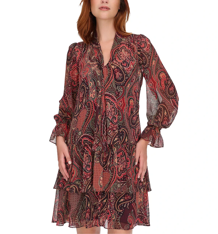 Tommy Hilfiger Paisley Tie-Neck Tiered Dress