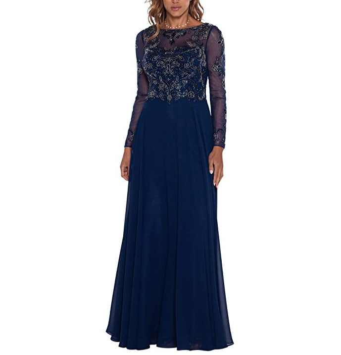 XSCAPE Long Sleeve Long Chiffon Skirt with Bead Top