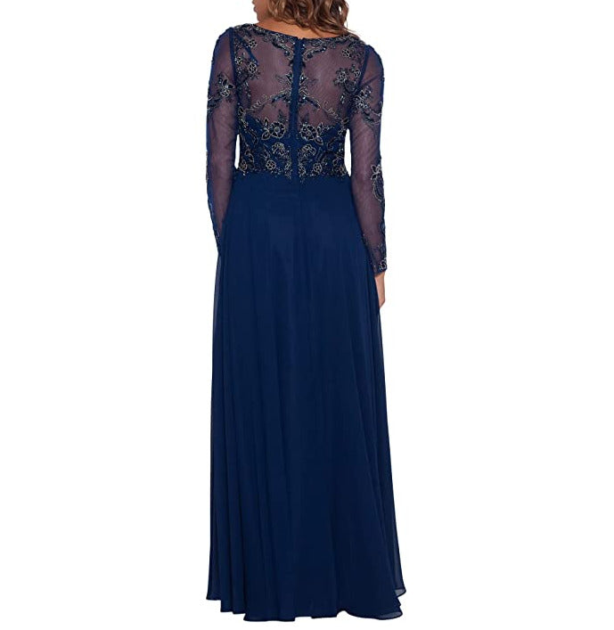 XSCAPE Long Sleeve Long Chiffon Skirt with Bead Top