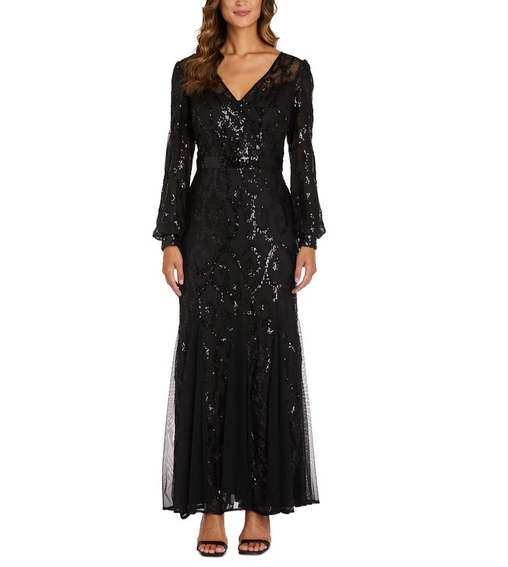 R & M Richards Sequined Blouson-Sleeve Gown