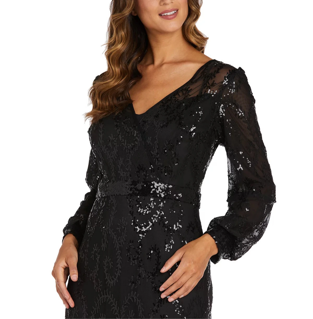 R & M Richards Sequined Blouson-Sleeve Gown