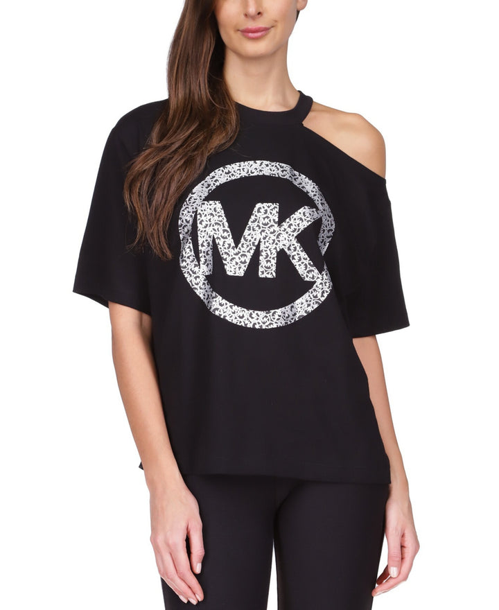 MICHAEL MICHAEL KORS Cotton Cold-Shoulder Logo-Print T-Shirt