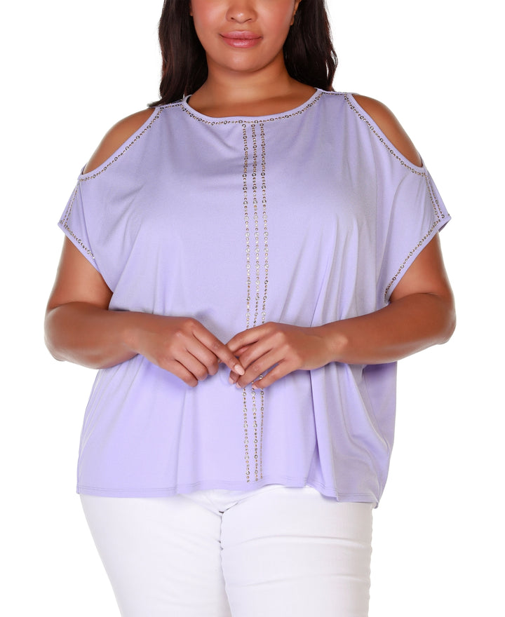 Belldini Black Label Plus Size Embellished Cold Shoulder Top