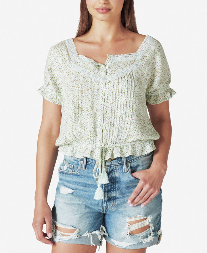 Lucky Brand Printed Button-Front Lace-Trim Top