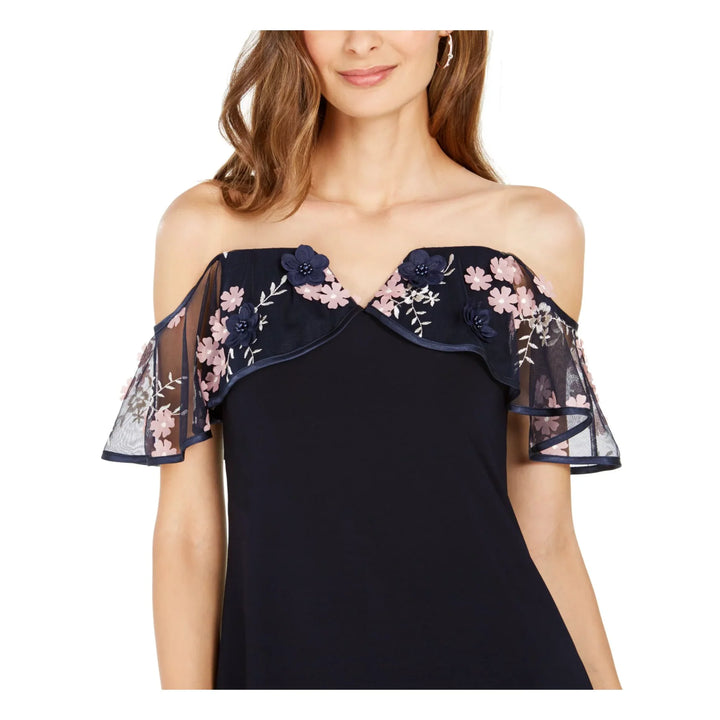MSK Floral Embroidered Satin Trim Off-The-Shoulder Dress