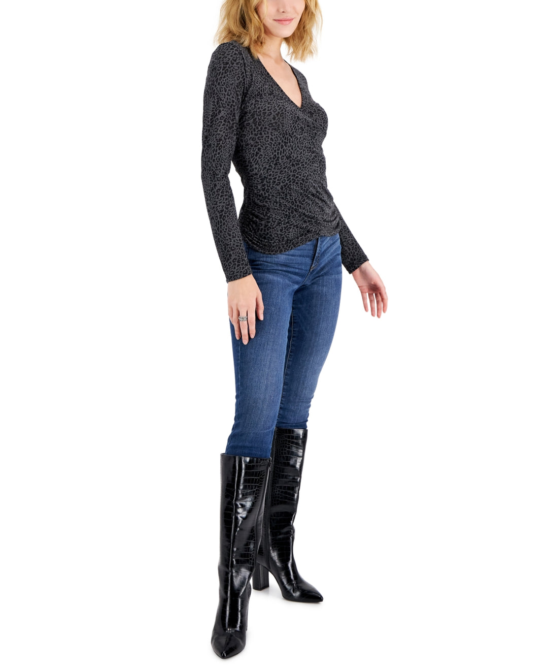 INC International Concepts Leopard Print Long Sleeve Surplice Top