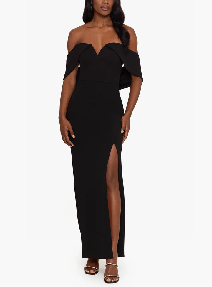 Xscape "Claire" Long Scuba Crepe Off The Shoulder Drape Back Dress