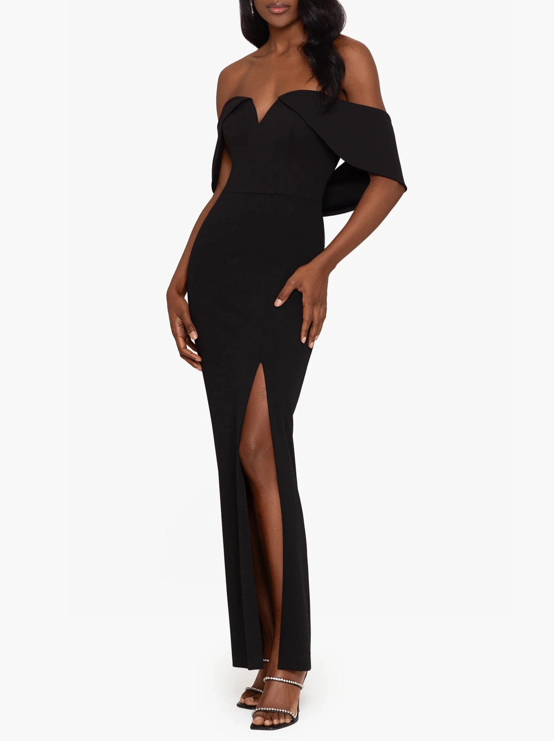 Xscape "Claire" Long Scuba Crepe Off The Shoulder Drape Back Dress