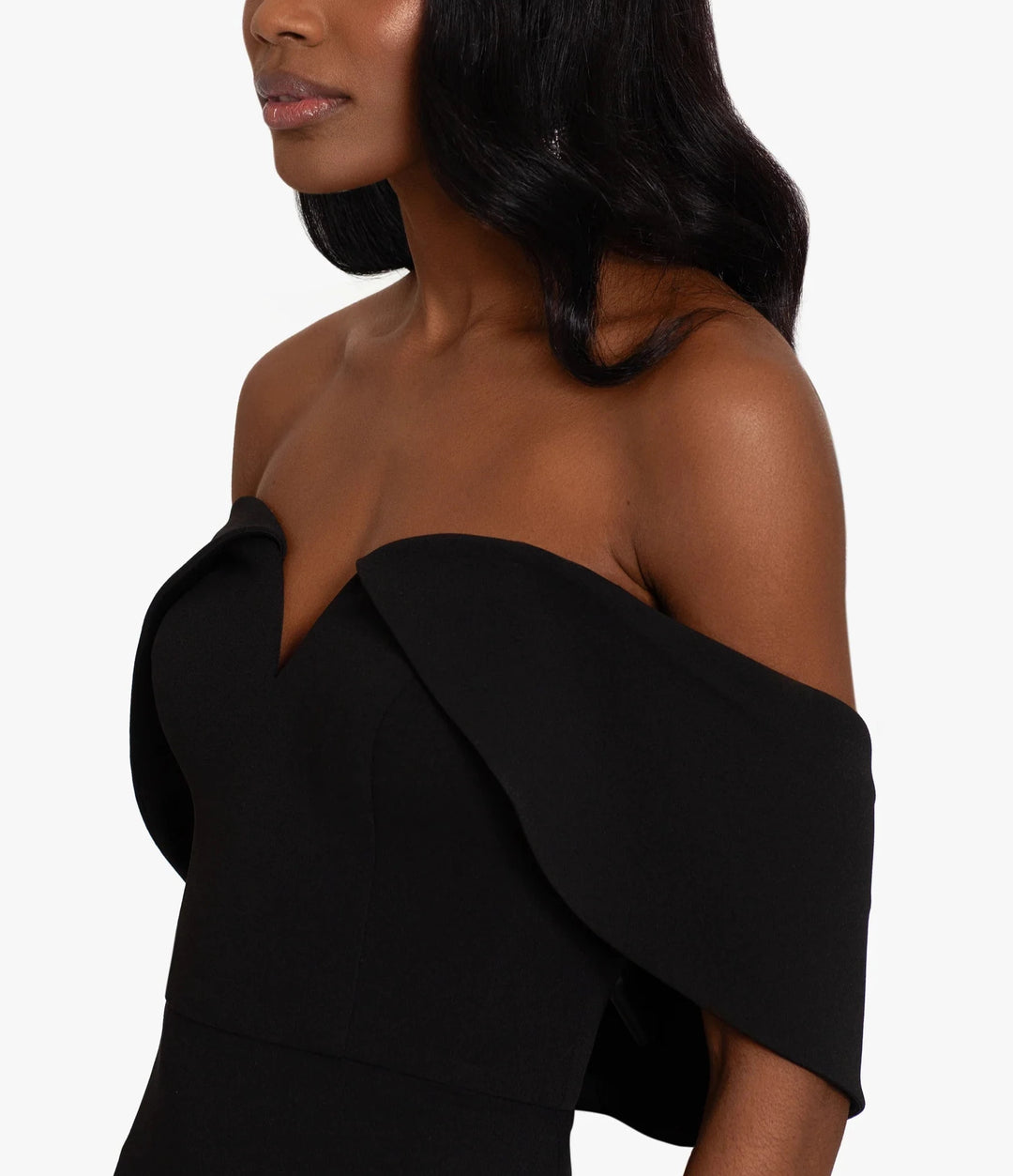 Xscape "Claire" Long Scuba Crepe Off The Shoulder Drape Back Dress