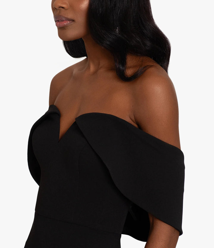 Xscape "Claire" Long Scuba Crepe Off The Shoulder Drape Back Dress