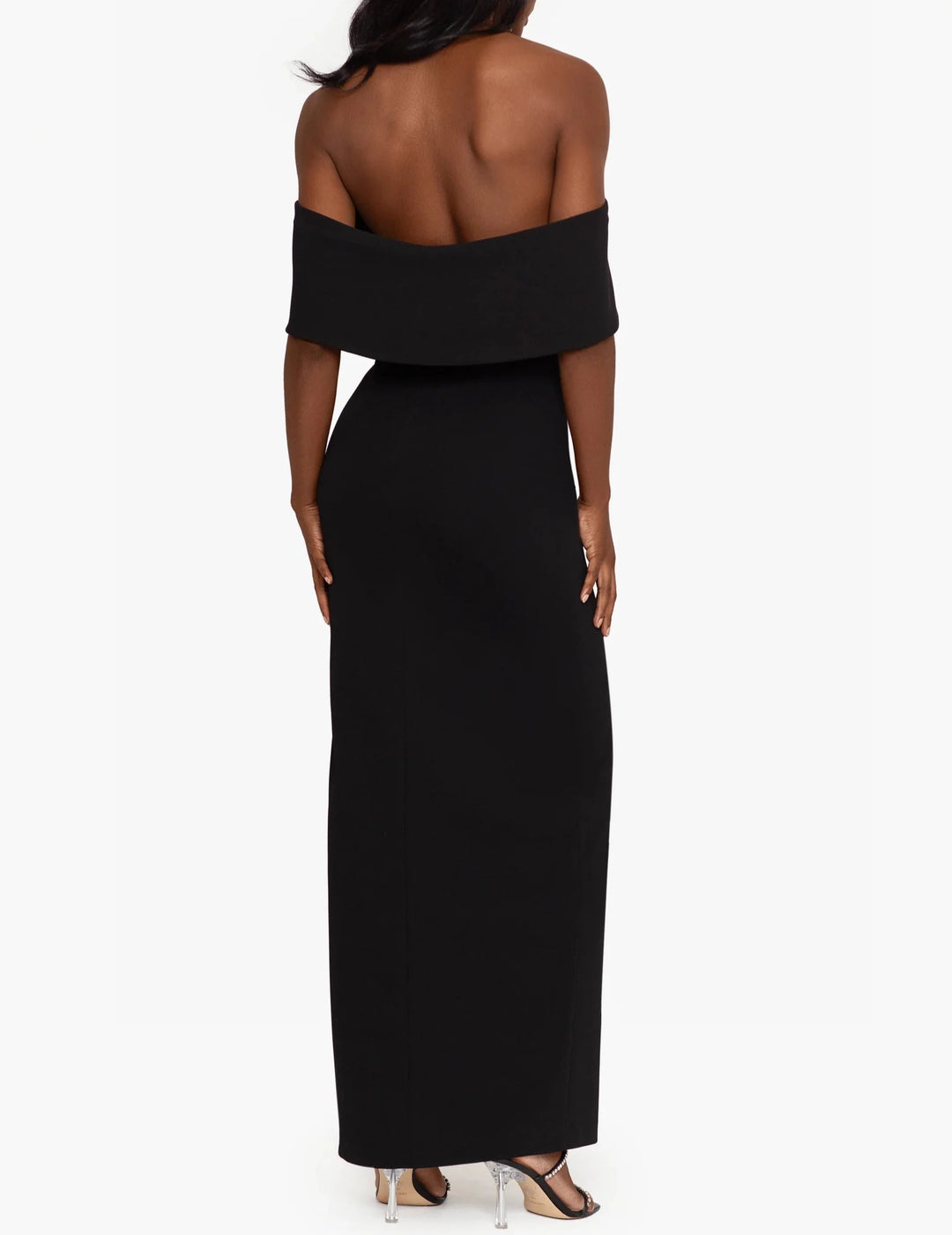 Xscape "Claire" Long Scuba Crepe Off The Shoulder Drape Back Dress