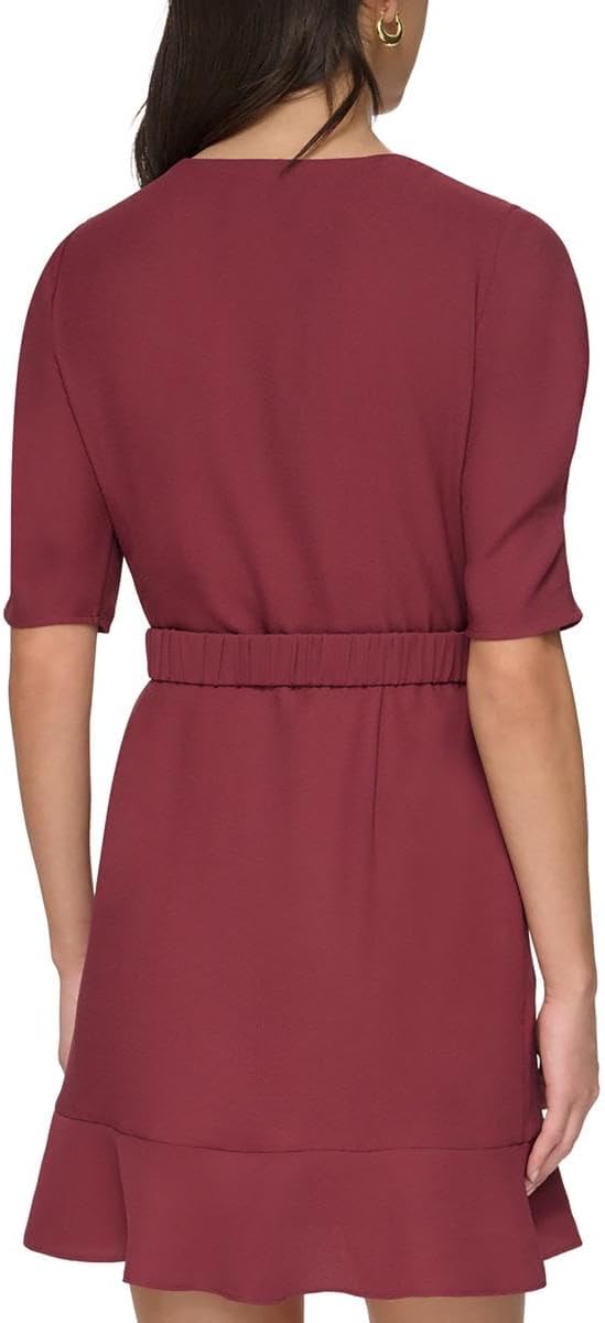 DKNY Puff-Sleeve Belted Faux-Wrap Dress
