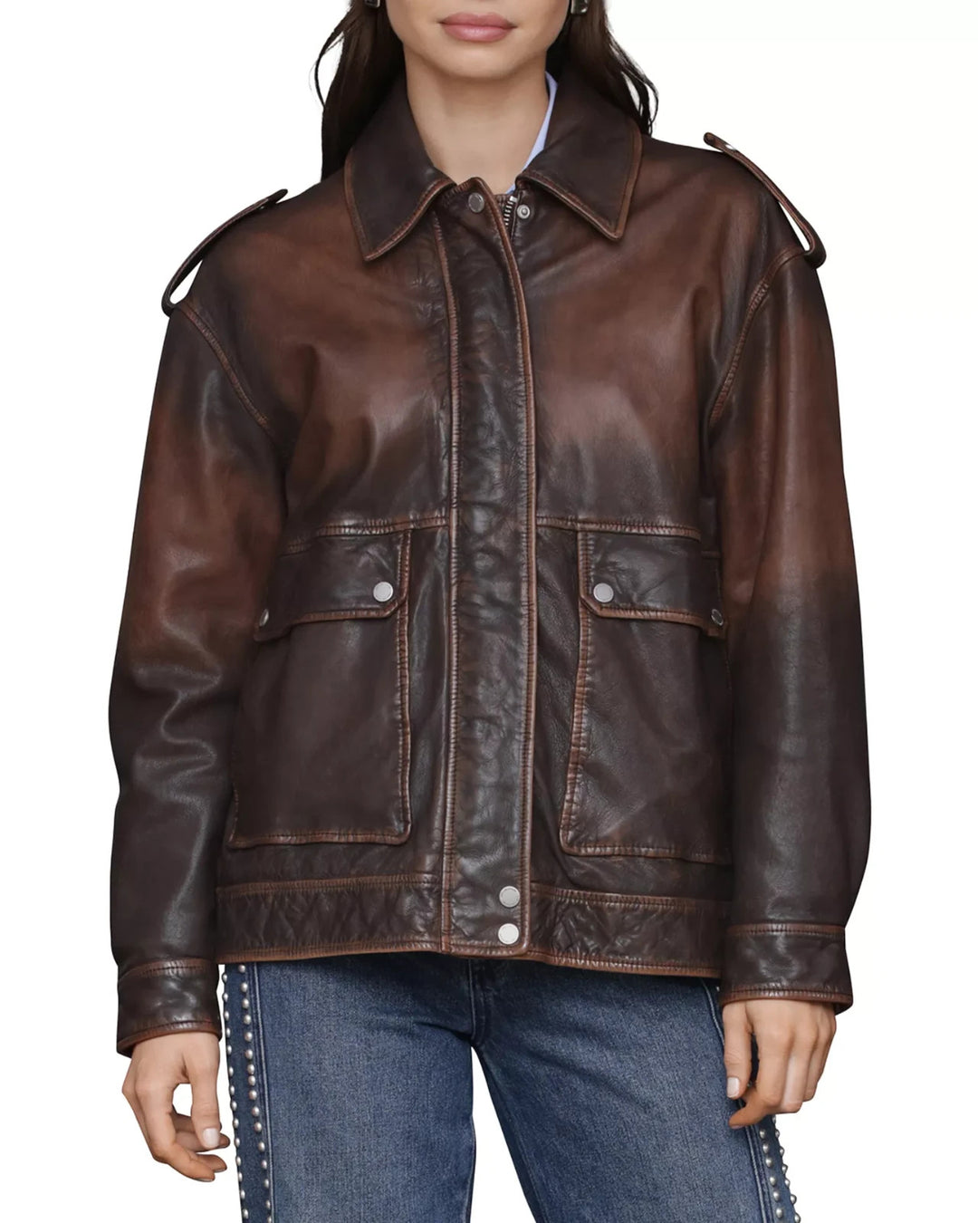 Avec Les Filles Genuine Leather Aviator Jacket MSRP $548