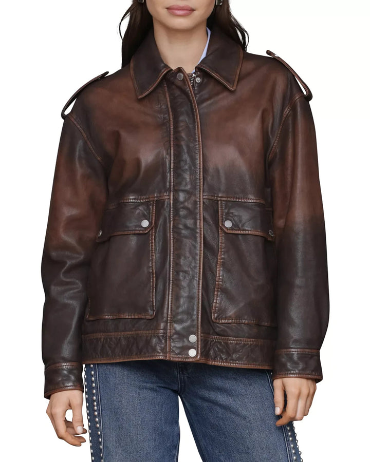 Avec Les Filles Genuine Leather Aviator Jacket MSRP $548