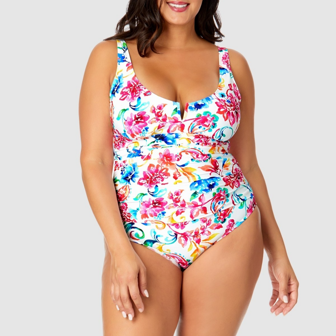 Anne Cole Plus Size Watercolor Paisley V-Wire One-Piece Swimsuit MSRP $118