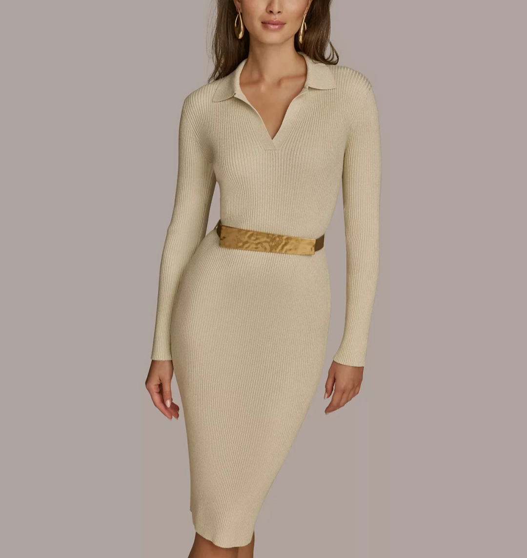 Donna Karan New York Women's Metallic Belted Sweater Dress MSRP $179