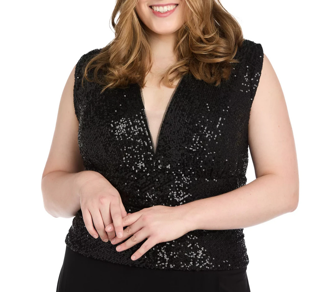 R & M Richards Plus Size Sequinned-Bodice V-Neck Gown MSRP $159