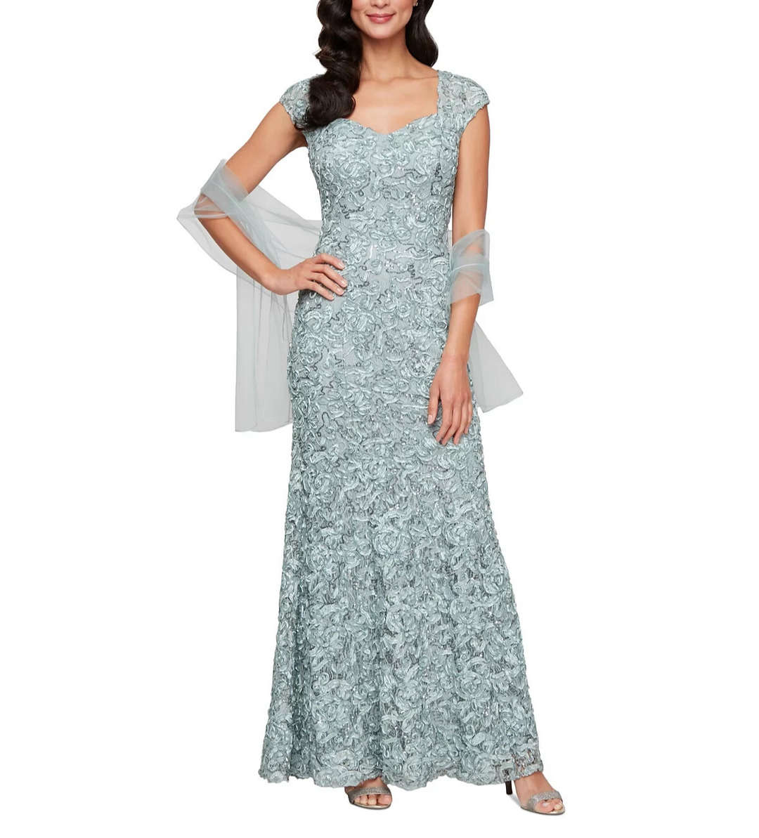 Alex Evenings Sequined Soutache Mermaid Gown with Scarf Set MSRP $279