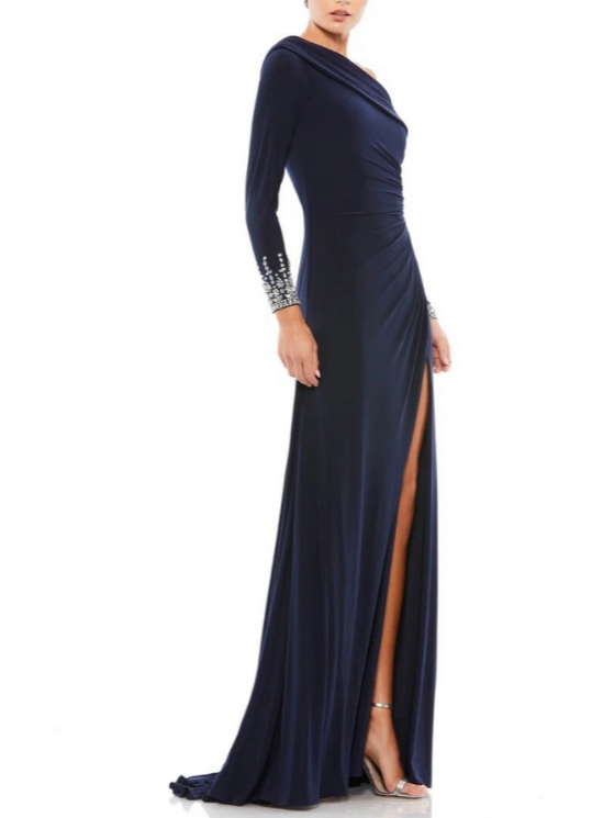 Mac Duggal Beaded Cuff Drop Shoulder Faux Wrap Gown MSRP $398