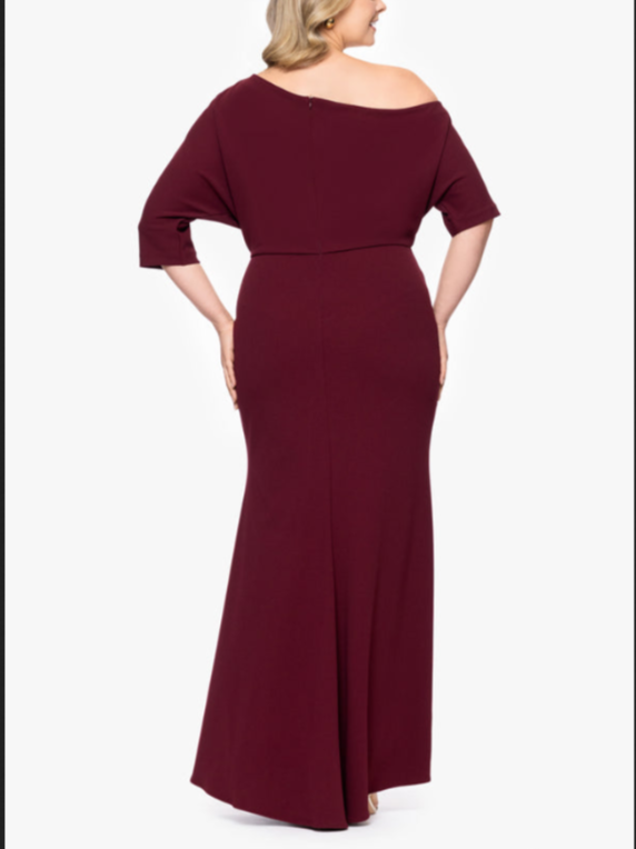 Betsy & Adam Plus Size Off-the-Shoulder Scuba Gown MSRP $269