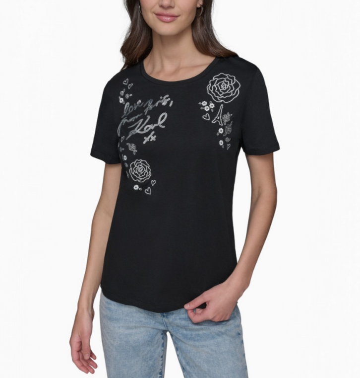 KARL LAGERFELD PARIS Embellished Graphic T-Shirt MSRP $59