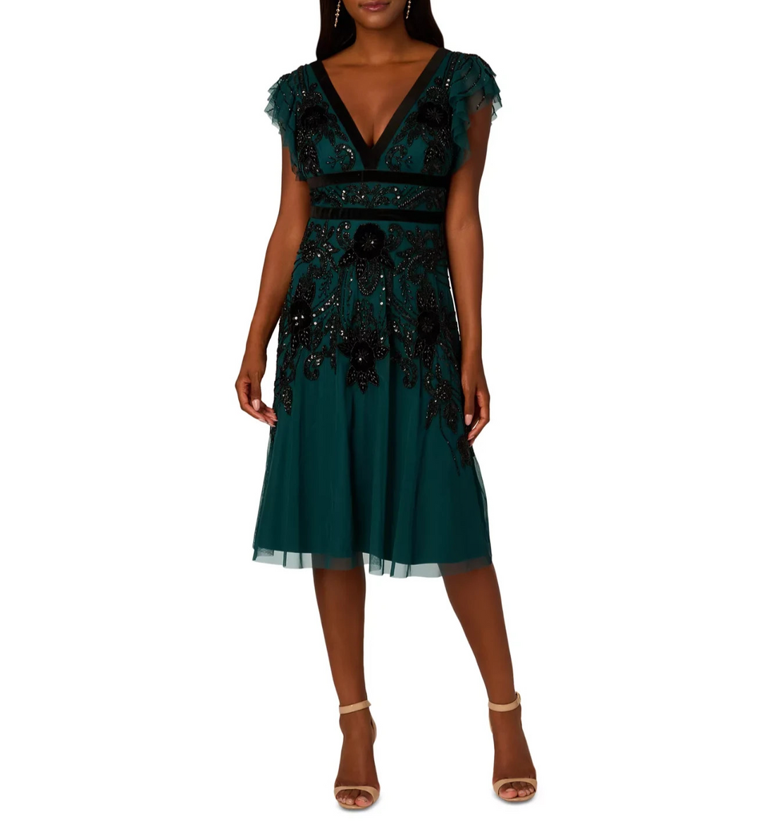 Adrianna Papell Velvet-Trim Embellished Midi Dress MSRP $ 279