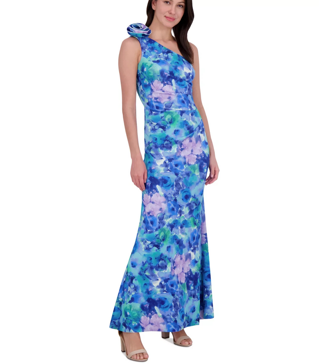 Eliza J Women's Printed Rosette Asymmetric One-Shoulder Gown MSRP $198