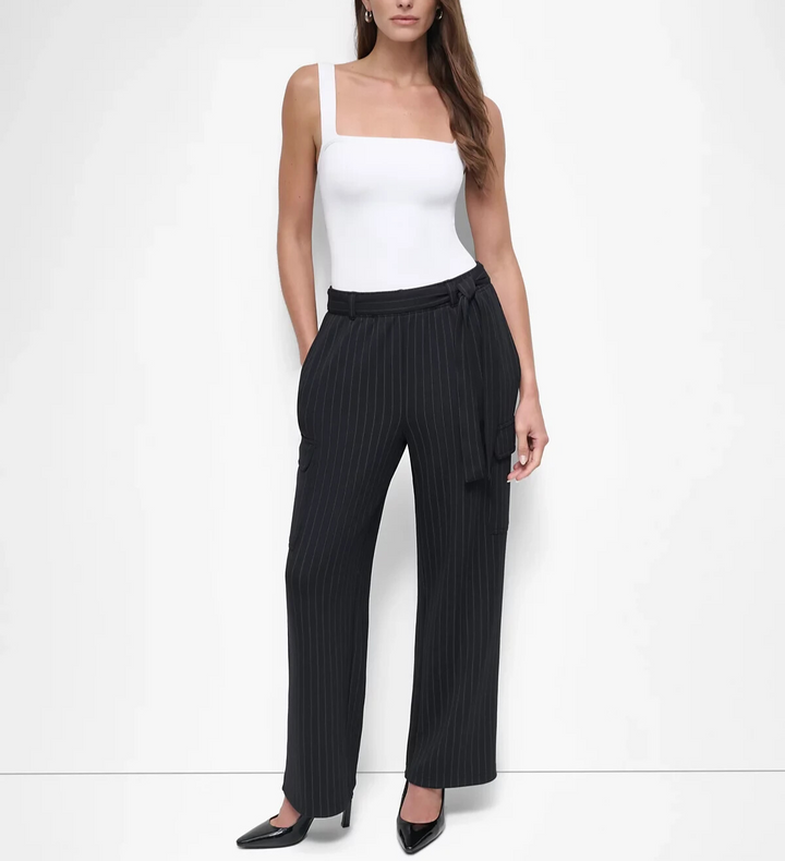 DKNY Pinstripe Tie-Waist Wide-Leg Cargo Pants MSRP $99