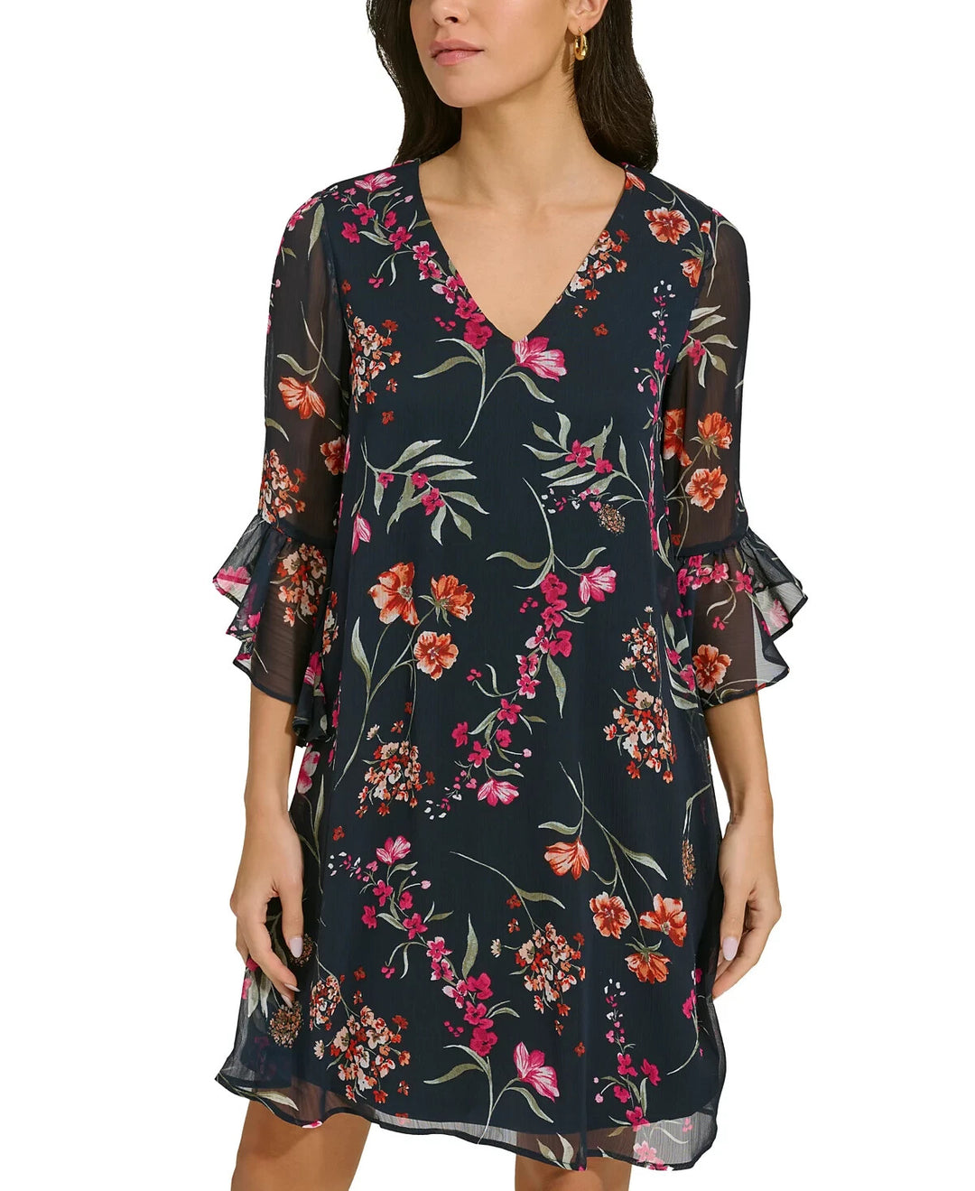 Calvin Klein Printed Chiffon Bell-Sleeve Dress MSRP $119