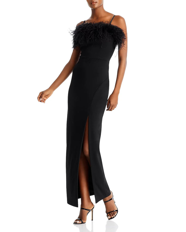 AQUA Feather Embellished Crepe Column Gown MSRP $298