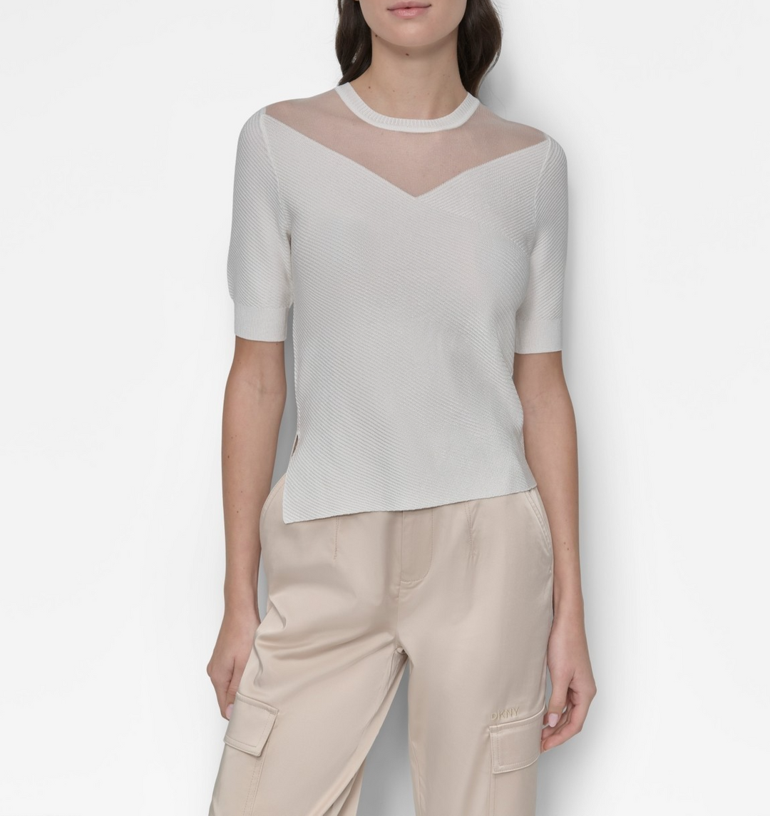 DKNY Sheer-Yoke Short-Sleeve Crewneck Top MSRP $89