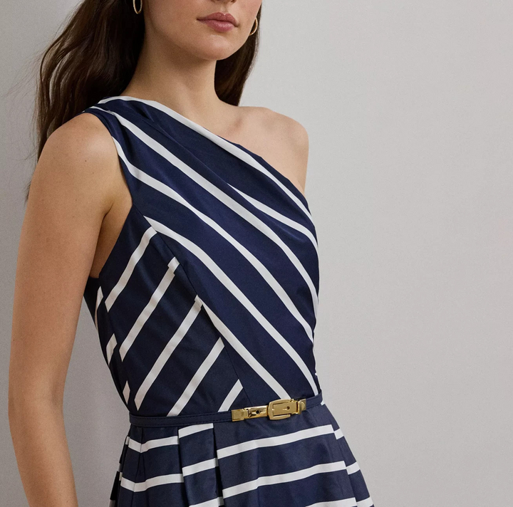 Lauren Ralph Lauren Women's Striped Belted Taffeta Cocktail Dress MSRP $345