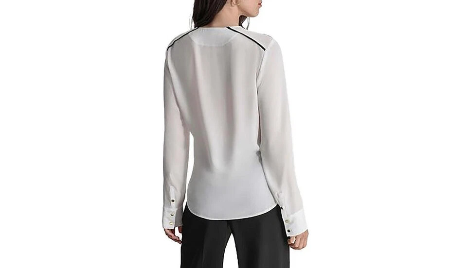DKNY Womens White V-Neck Contrast Trim Top Blouse Shirt MSRP $69