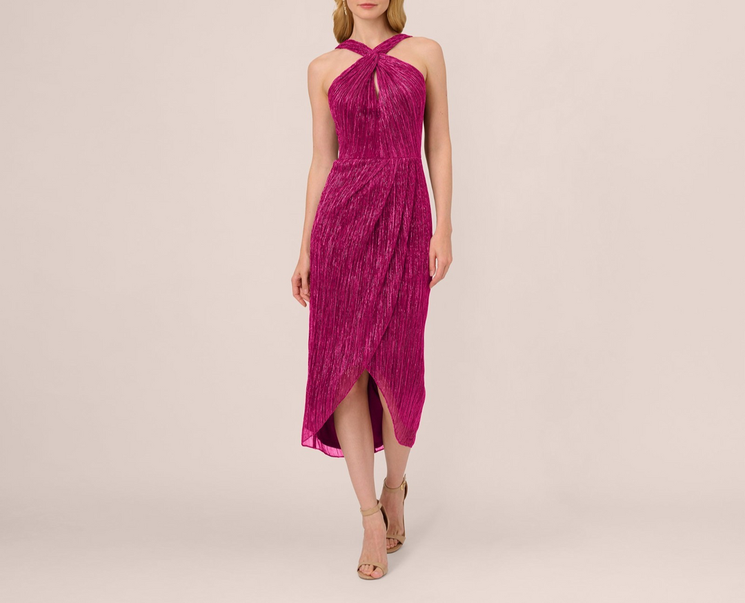 Adrianna Papell Crinkle Metallic Halter Midi Dress MSRP $179