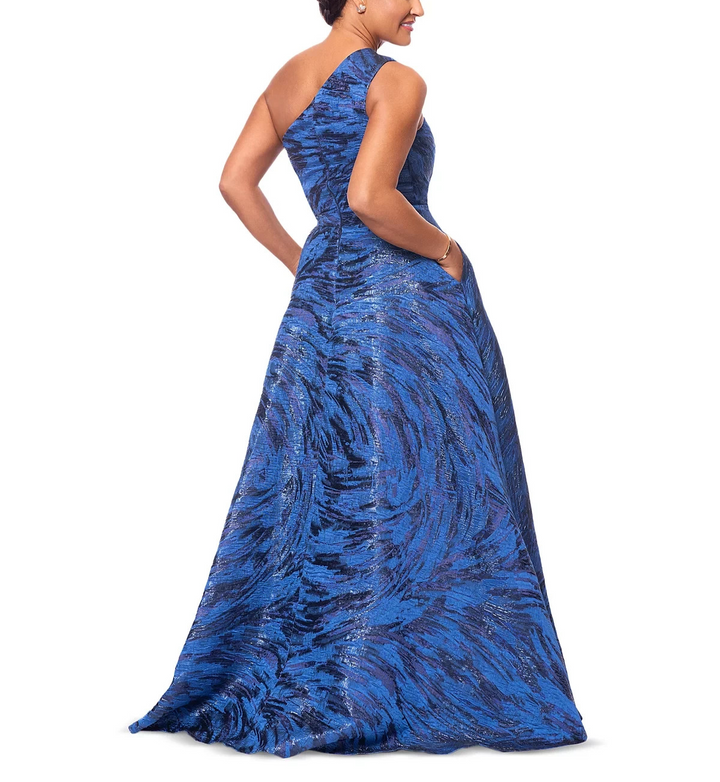 XSCAPE One-Shoulder Metallic Jacquard Gown MSRP $349