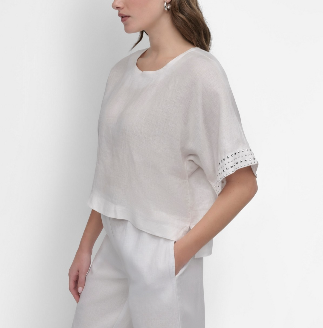 DKNY Women's Cropped Short-Sleeve Studded Linen Top MSRP $89