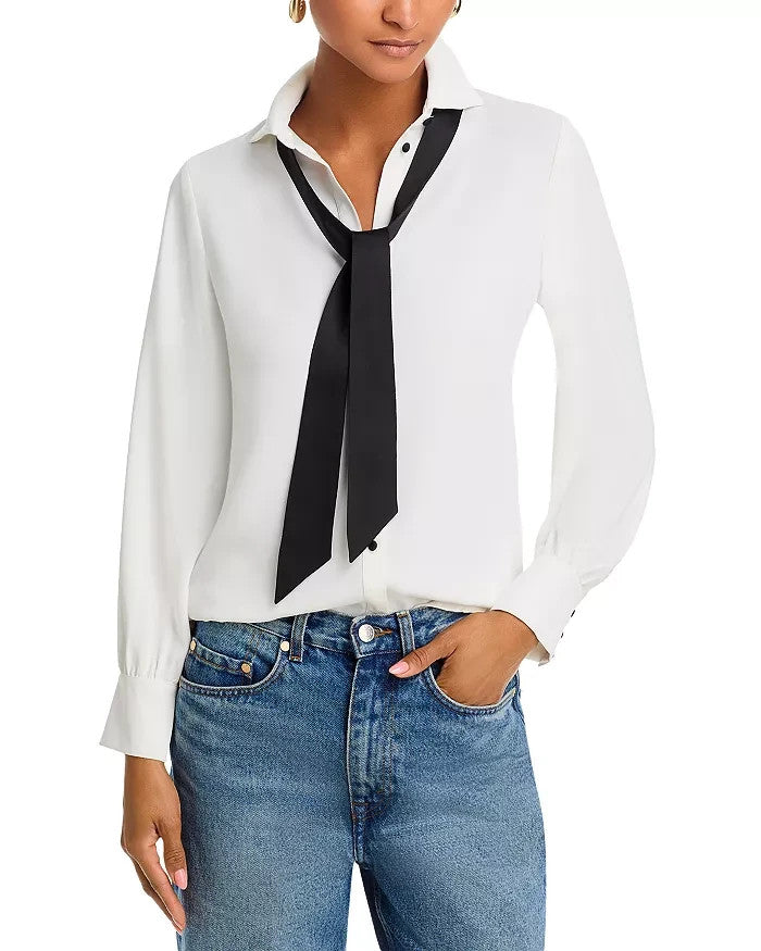 FRENCH CONNECTION Quinn Crepe Satin Bow Shirt MSRP $108