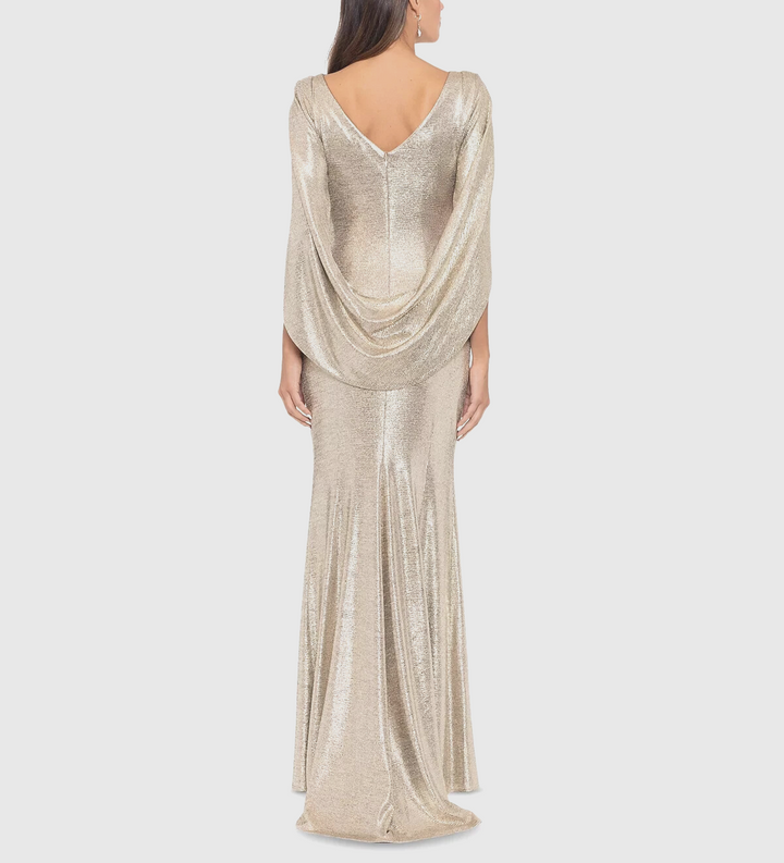 Betsy & Adam Metallic Cape-Sleeve Gown MSRP $269