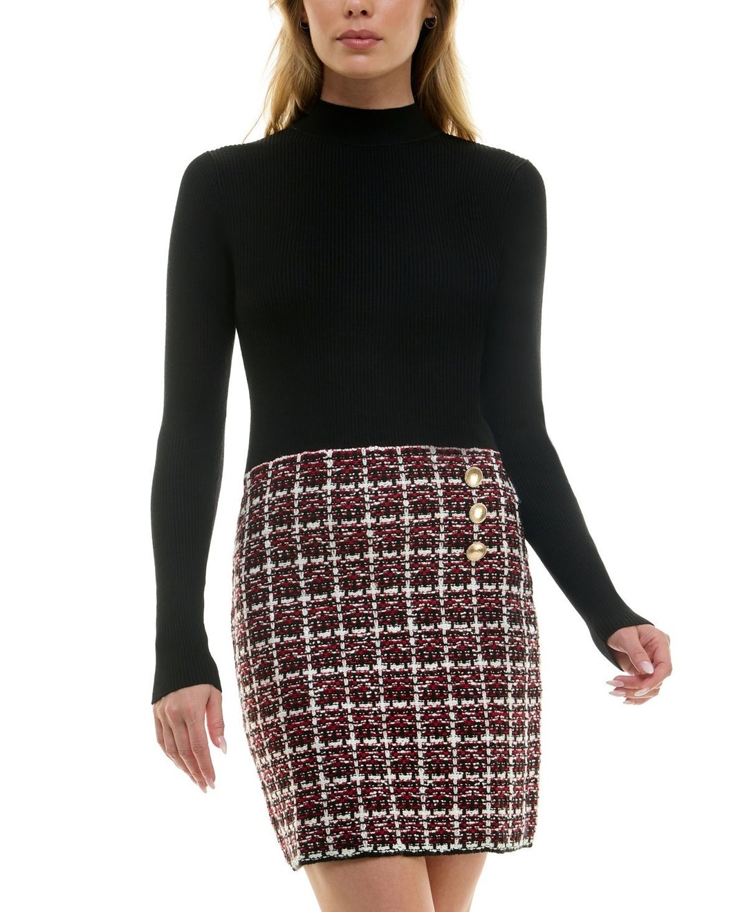 BCX Juniors' Combo Tweed-Skirt Long-Sleeve Dress MSRP $59