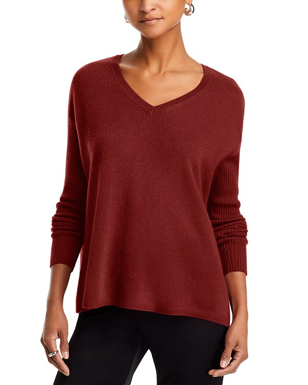 C by Bloomingdale's Cashmere V-Neck Ribbed Sleeve Cashmere Sweater MSRP $188