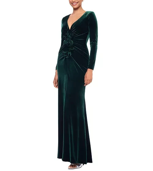 Betsy & Adam Velvet Rosette Long-Sleeve Gown MSRP $279