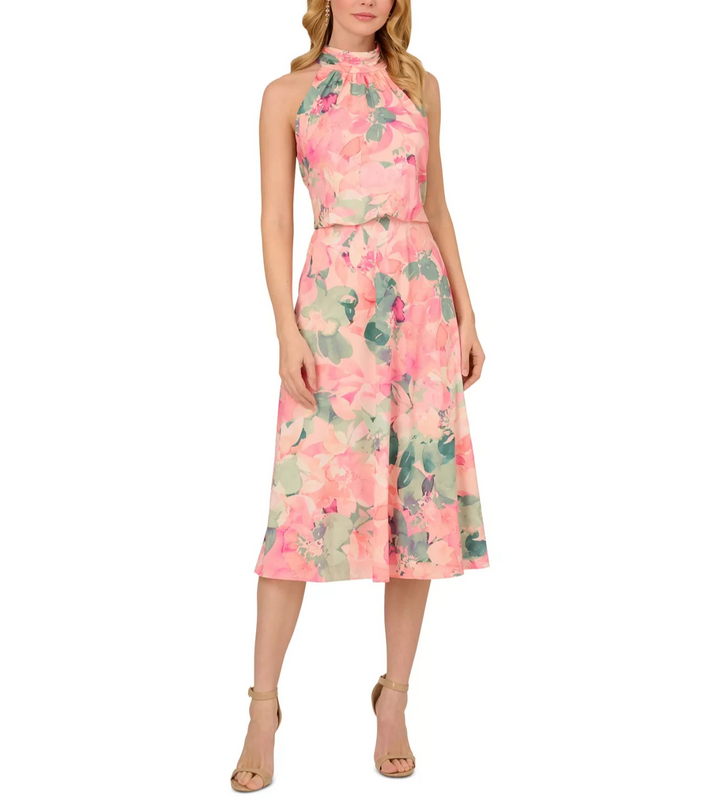 Adrianna Papell Printed High-Neck Sleeveless Midi Dress MSRP $159