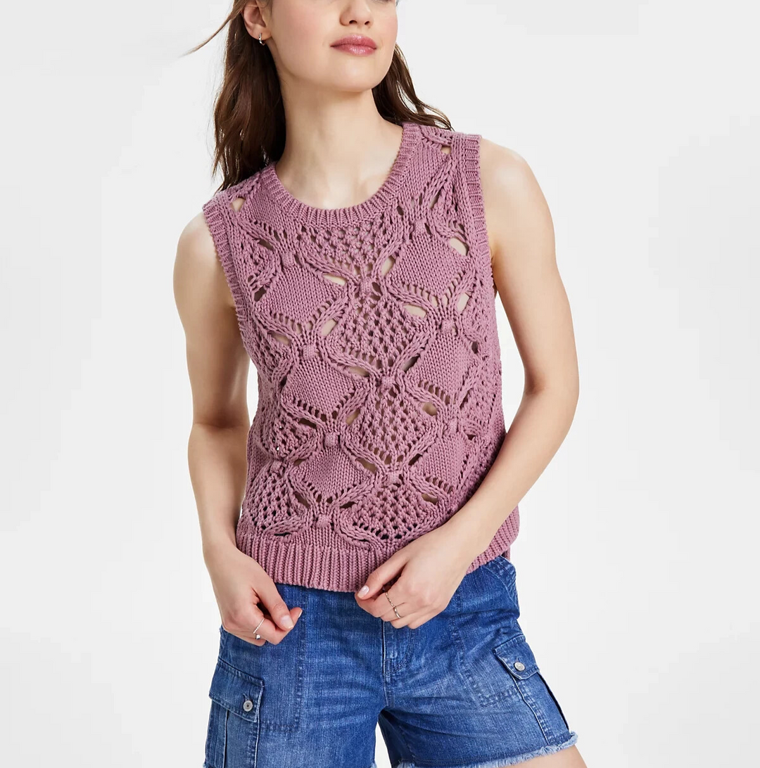Lucky Brand Diamond Crochet Cotton Sweater MSRP $89
