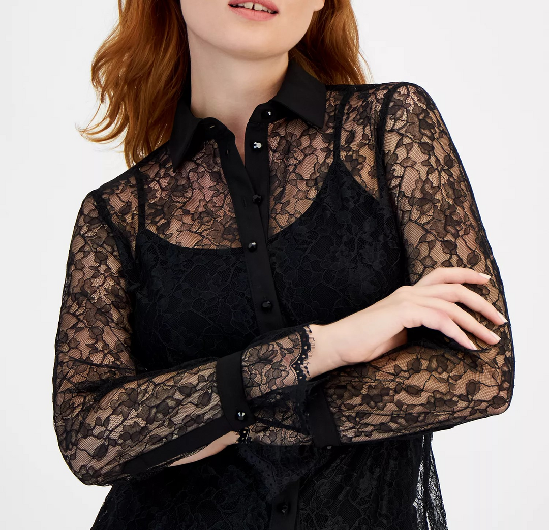 Anne Klein Women's Long-Sleeve Button-Front Lace Shirt MSRP $99