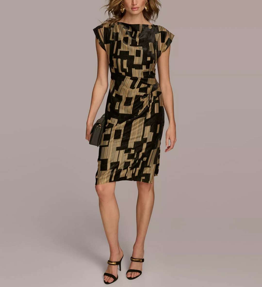 Donna Karan New York Printed Velvet Extended-Shoulder Dress MSRP $199