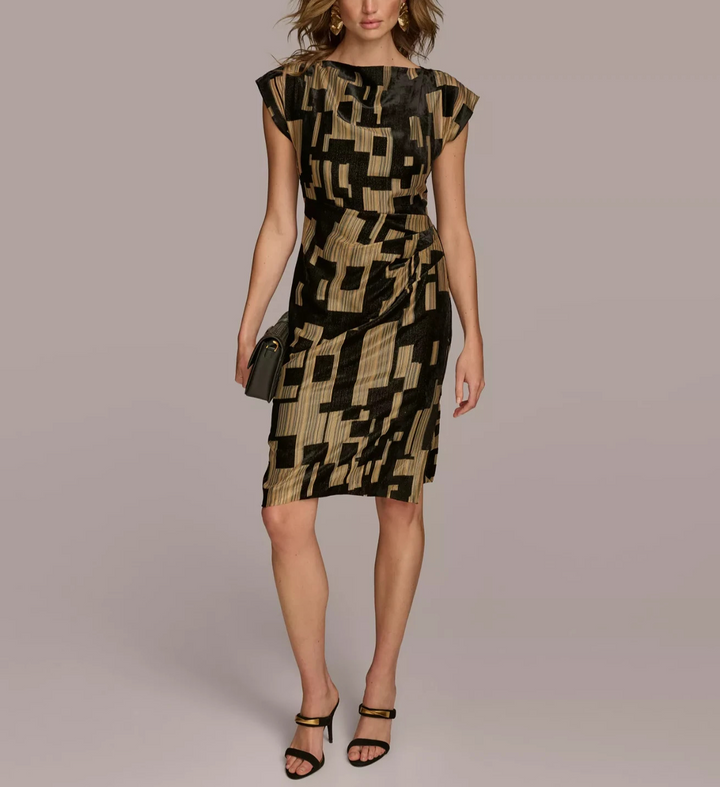 Donna Karan New York Printed Velvet Extended-Shoulder Dress MSRP $199